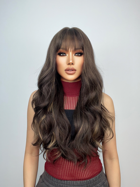 【Elara】Loxology | 26inch long curly brown wig with bangs Women's wig