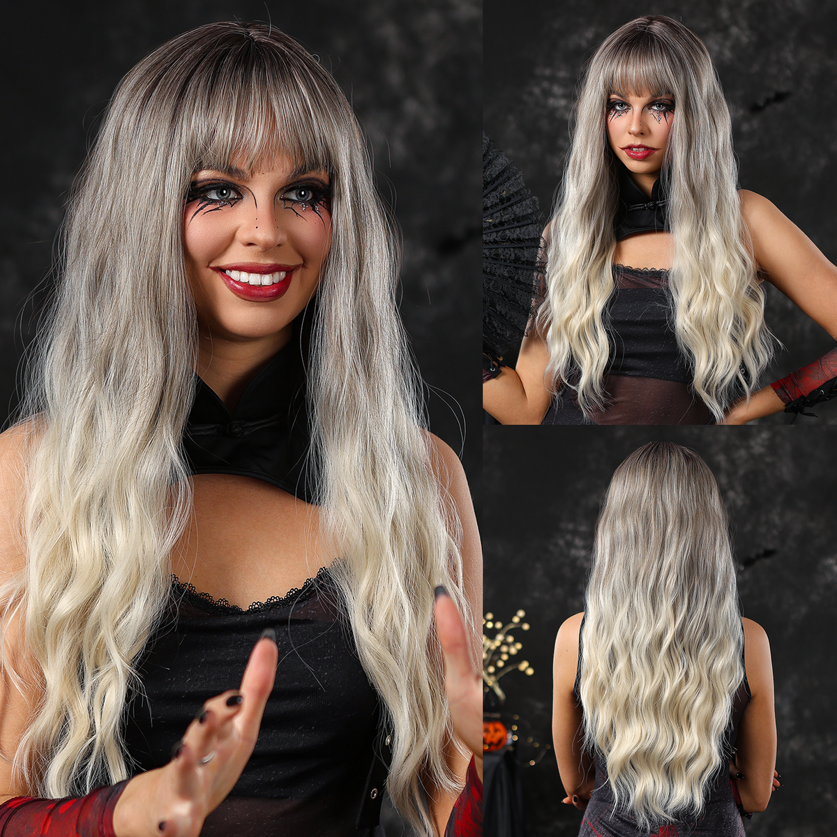 【Fiona】Loxology | 26 Inches Long Curly Grey Ombre Blonde Wigs with Bangs Synthetic Wigs for Women and Girls Daily Use