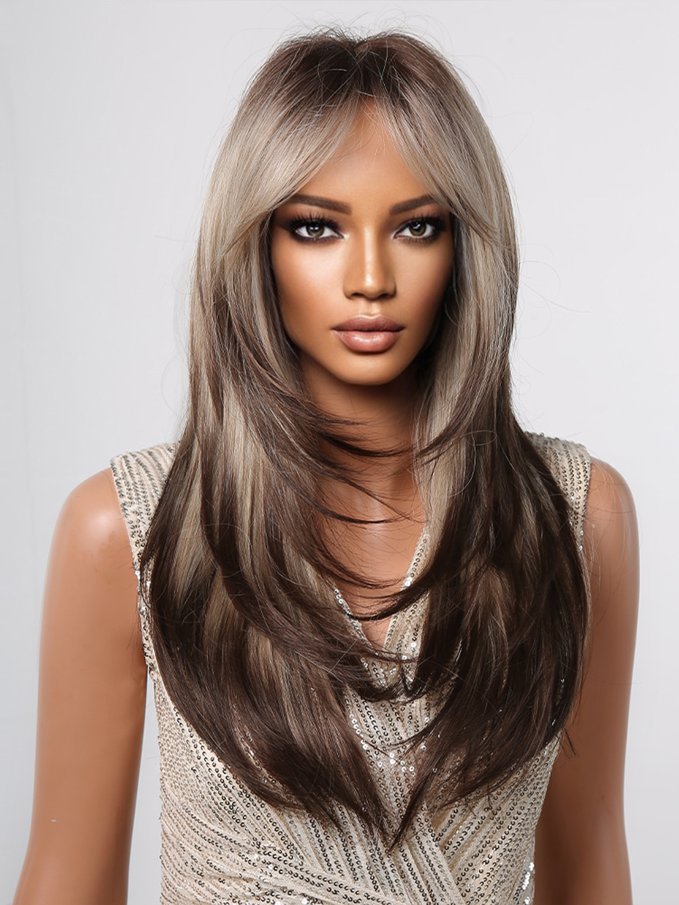 【Piper】Loxology | 22 Inches Long Straight Ivory Ombre Black Layered Wigs Synthetic Wigs