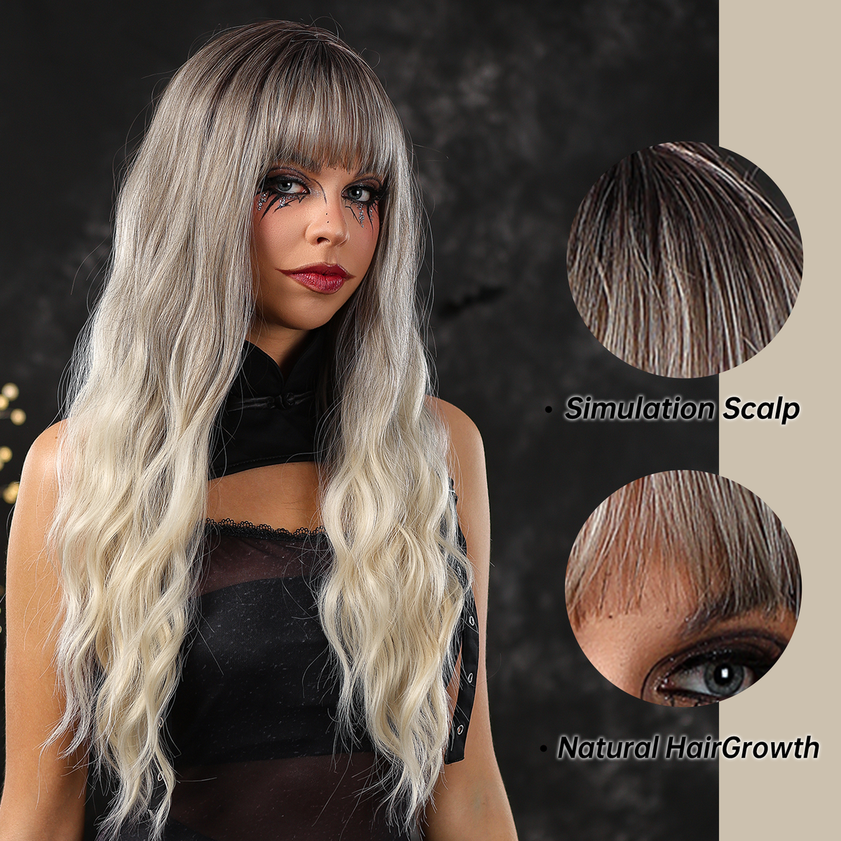 【Fiona】Loxology | 26 Inches Long Curly Grey Ombre Blonde Wigs with Bangs Synthetic Wigs for Women and Girls Daily Use