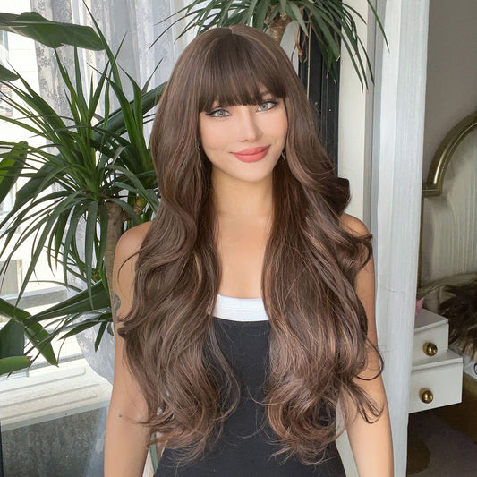 【Ursula】Loxology | 26 Inch Long Curly Brownish Black Wigs with Bangs Synthetic Wigs for Women Daily Use