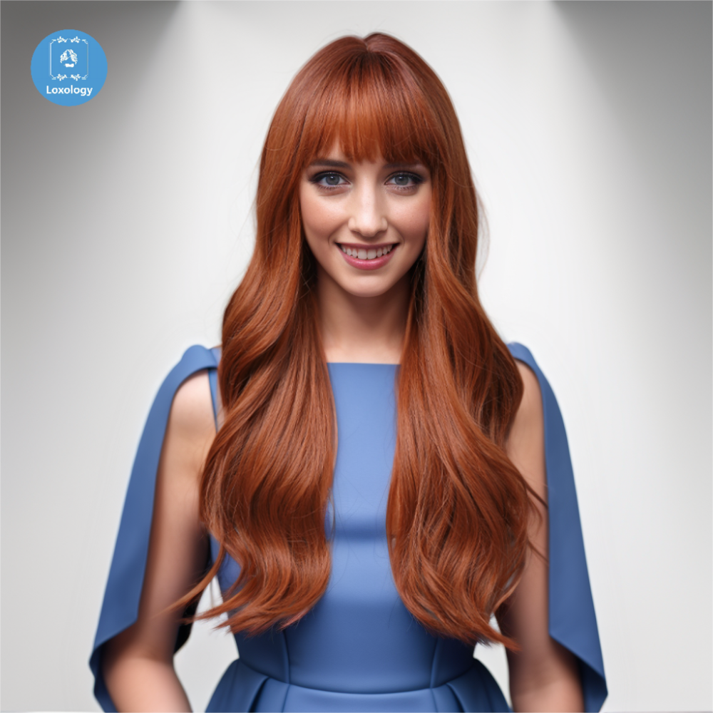 【Gwyneth】Loxology | 22 Inches Long Curly Brown Wigs with Bangs Synthetic Wigs Women's Wigs for Daily Use