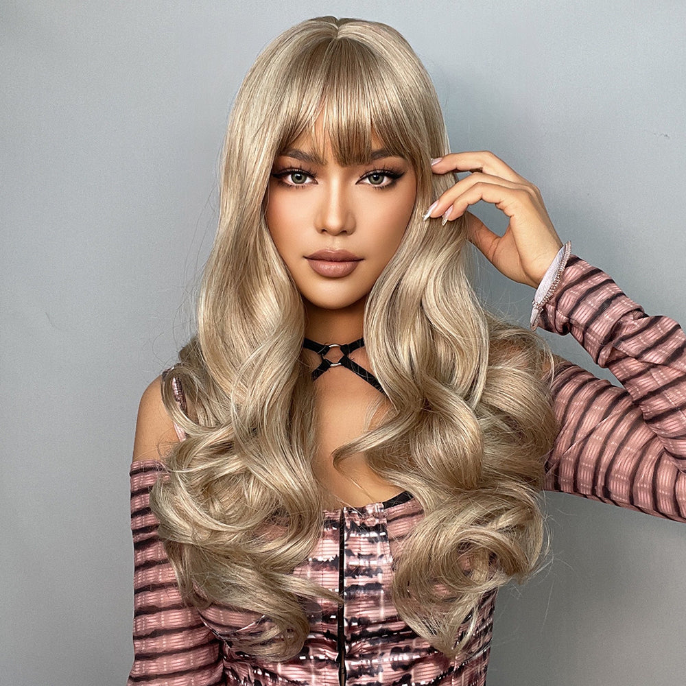 【Yara】Loxology | 26 Inches Long Curly Light Brown Wigs with Bangs Synthetic Wigs Women's Wigs for Daily