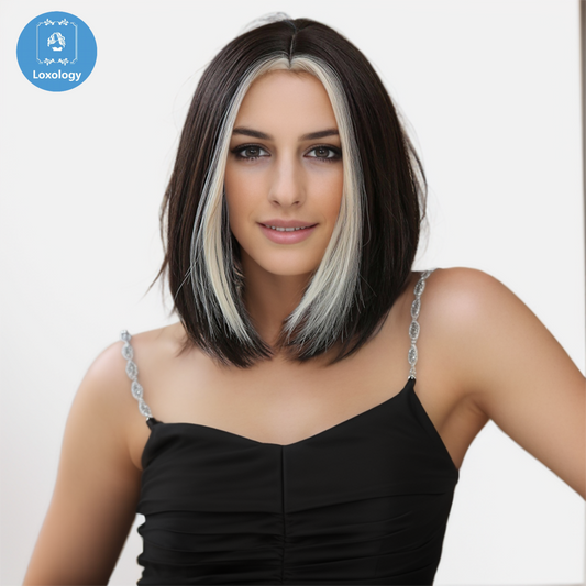 【Winona】Loxology | 12 Inch Black with Gray Highlight Middle Part Bob for Women