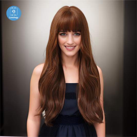 【Honora】Loxology | 24 Inches Long Curly Brown Wigs with Bangs Synthetic Wigs