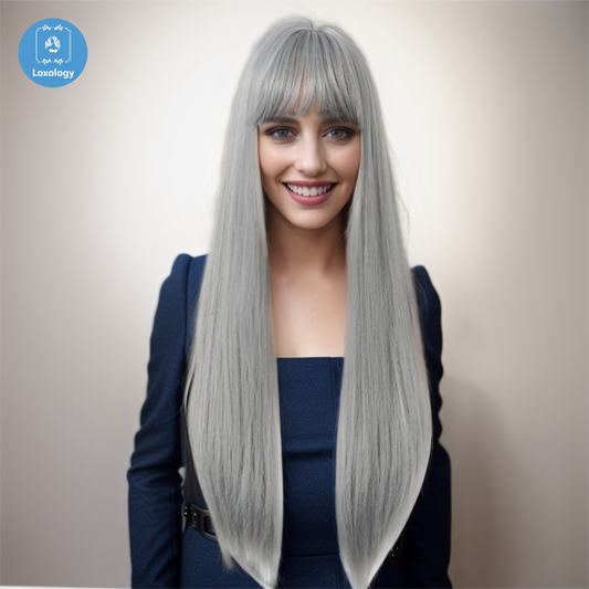 【Cressida】Loxology | 26 Inches Long Straight Argenteous Wigs with Bangs Synthetic Wig