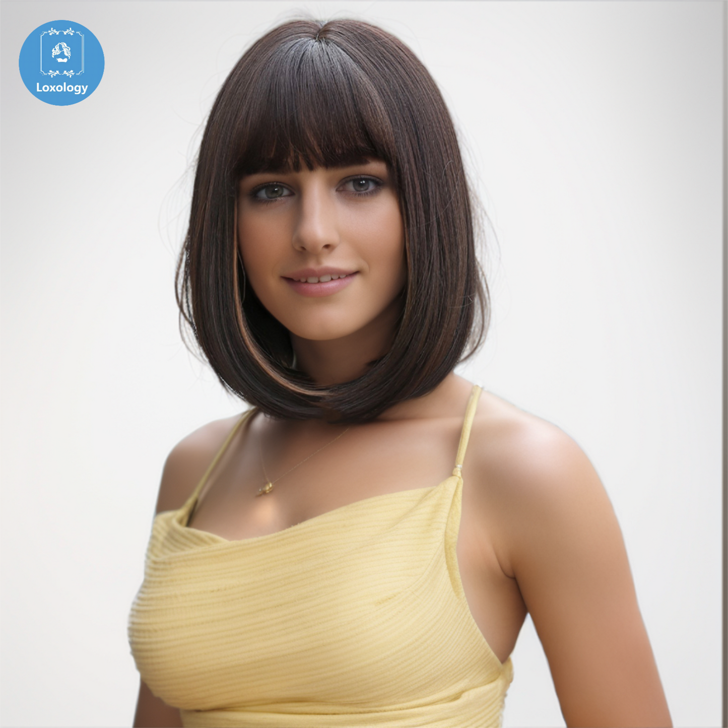 【Lavinia】Loxology | 14 Inches Short Straight Brown Black and Blonde Highlight Bobo Wigs with Bangs Synthetic Wigs Women's Wigs for Daily or Cosplay Use