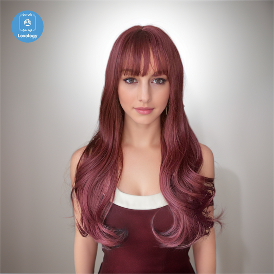 【Nell】Loxology | 22 inch wine red with bangs curly hair, women's wig, for daily or party use