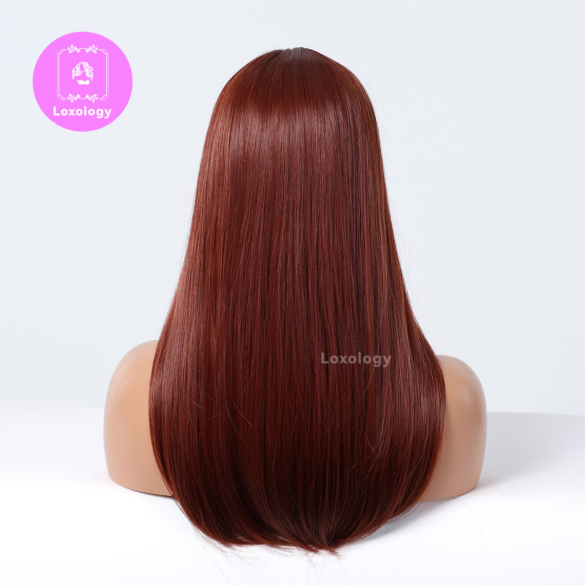【Mabel】Loxology | 18 Inch Long Straight Orange Wigs with Bangs Synthetic Women's Wigs