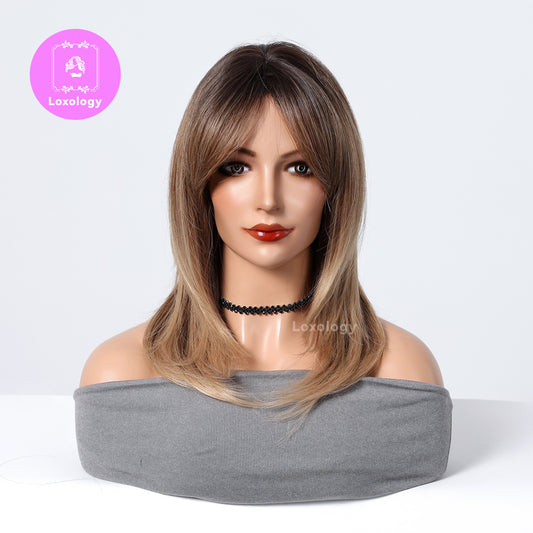 【Tessa】Loxology | 18 Inches Long Straight Brown Layered Wigs with Bangs Women's Wigs