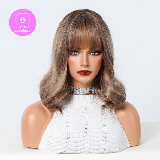 【Mia】Loxology | 16 Inch Light Brown Shoulder-Length Wavy Hair With Bangs Synthetic Wig