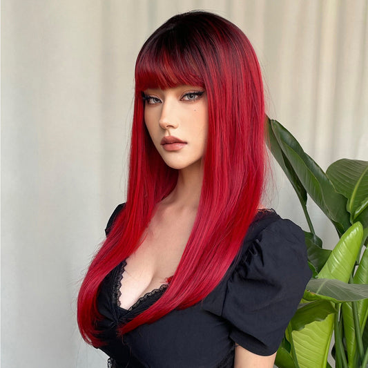 【Persephone】Loxology | 22 Inch red Long straight wigs with bangs wigs for Daily