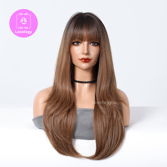 【Magnolia】Loxology | 26 Inch Long Curly Brown Wigs with Bangs Synthetic Wigs for Women