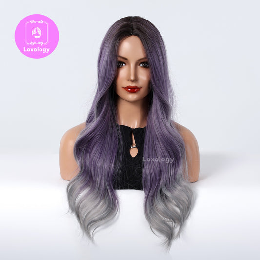 【Junia】Loxology | Long curly wigs purple ombre grey with middle bangs wigs for women