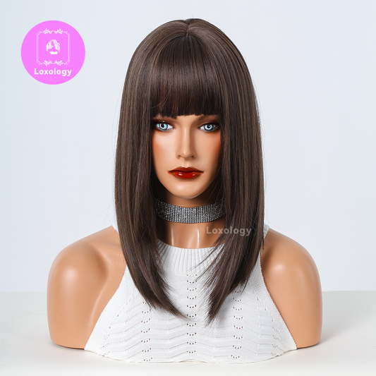 【TAva】Loxology | 16 Inch short straight wigs light brown with bangs wigs