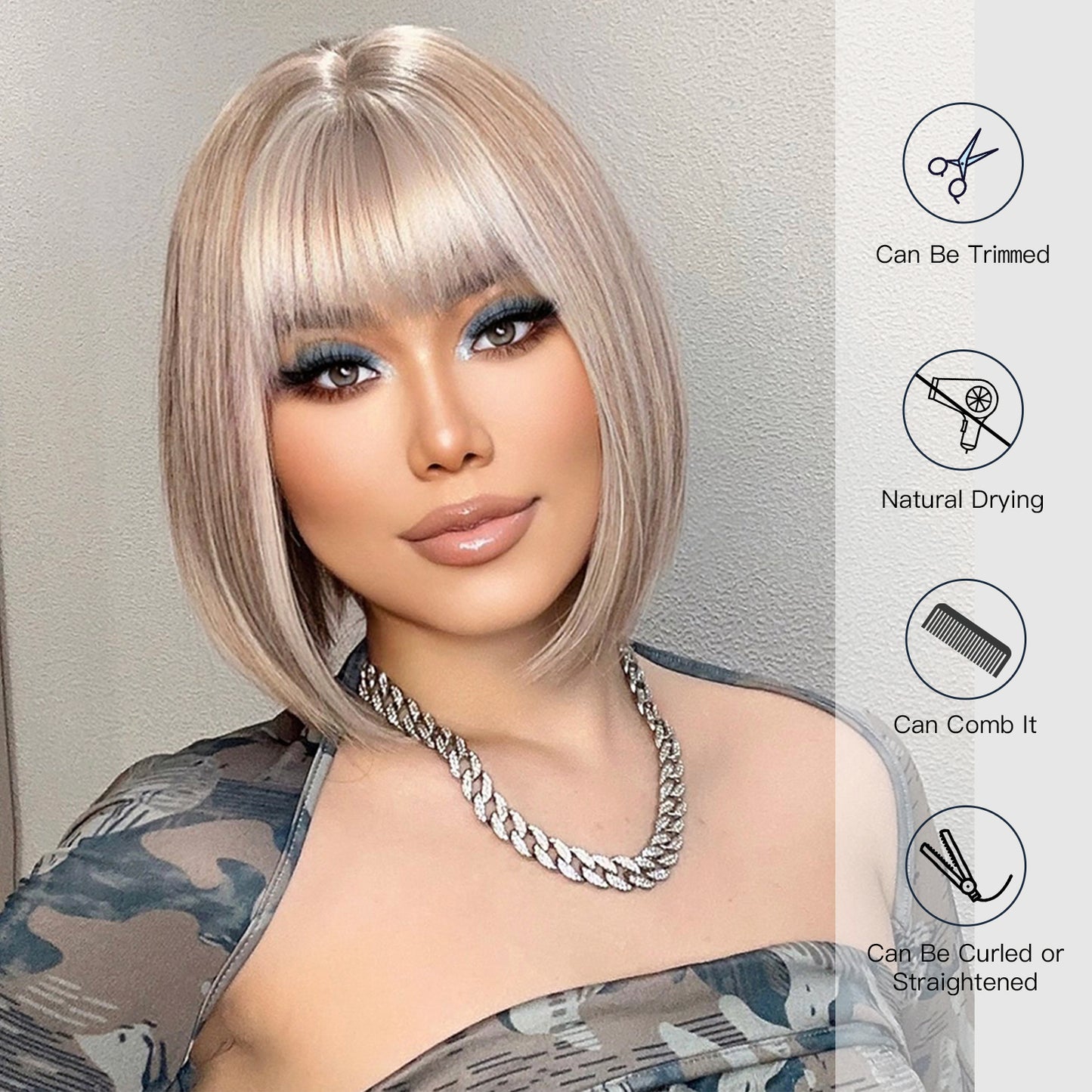 【TBlaire】Loxology | 12 Inch Long Straight Blonde Wigs with White Bangs Synthetic Wigs