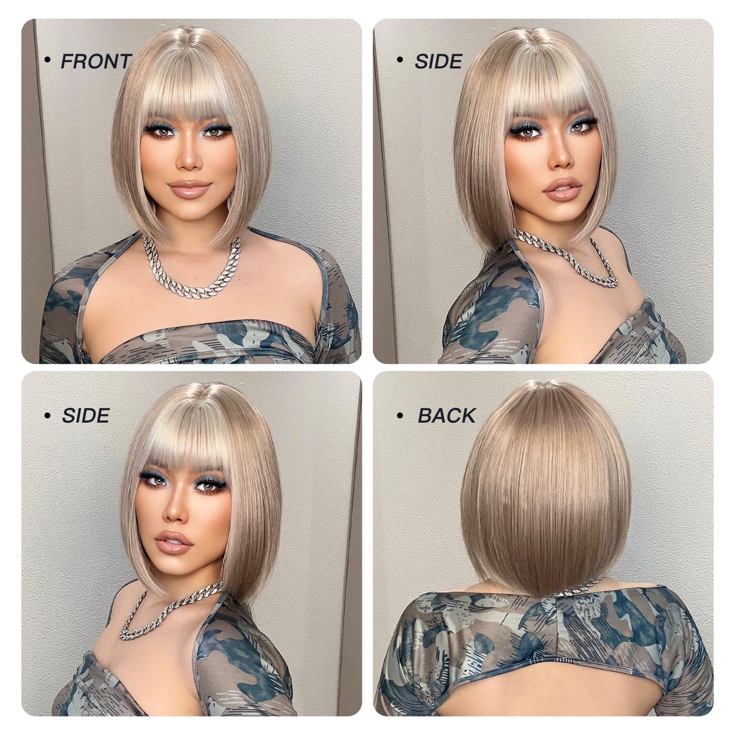 【TBlaire】Loxology | 12 Inch Long Straight Blonde Wigs with White Bangs Synthetic Wigs