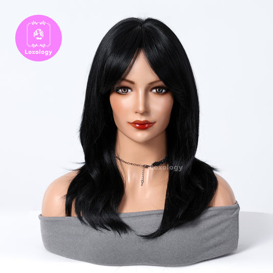 【Mackenzie】Loxology | 18 Inch Long Curly Black Wigs with Bangs Synthetic Women Wigs