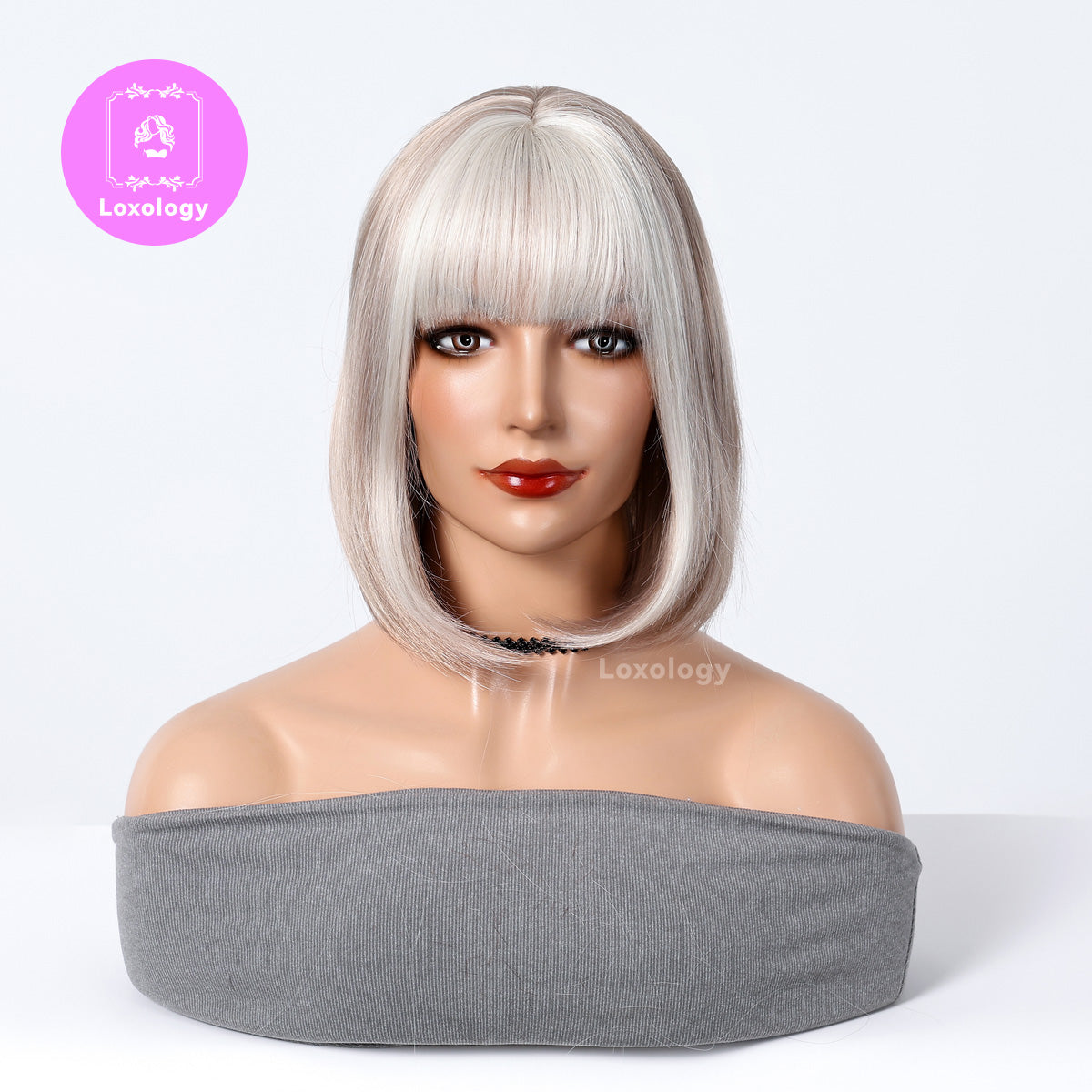 【TBlaire】Loxology | 12 Inch Long Straight Blonde Wigs with White Bangs Synthetic Wigs