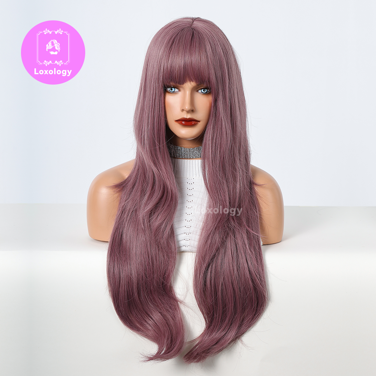 【Dahlia】Loxology | 28 Inch Long Wavy Curly Purple Wigs with Bangs Synthetic Wigs