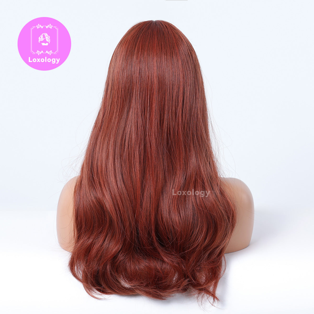 【Kenna】Loxology | 24 Inches Long Curly Wine Red Wigs with Bangs Synthetic Wigs