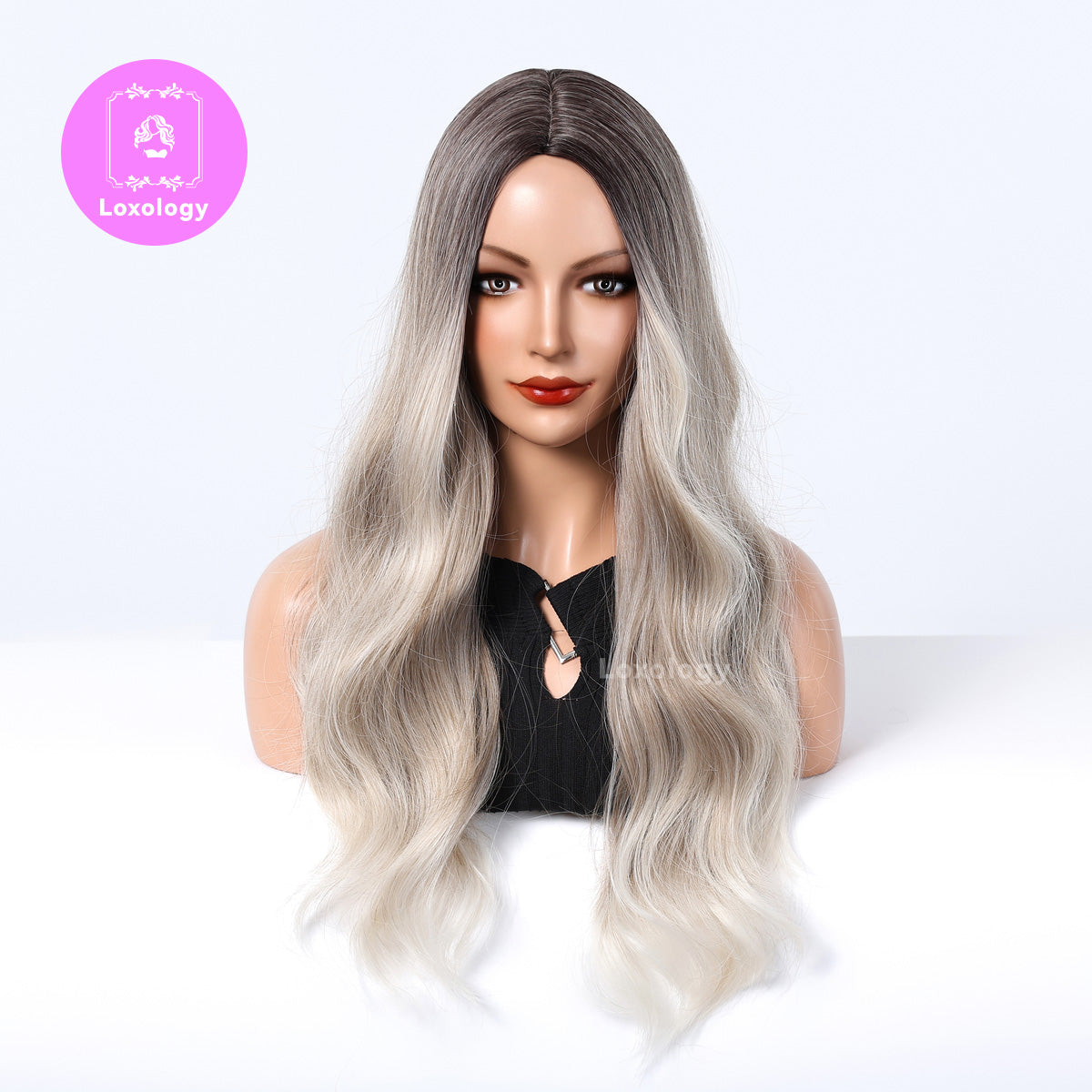 【Aurora】Loxology | 26 inch Long curly wigs champagne blonde wigs with middle bangs