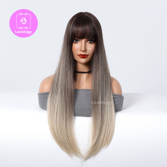 【Elise】Loxology | 26inch Long straight wigs black ombre blonde with bangs wig