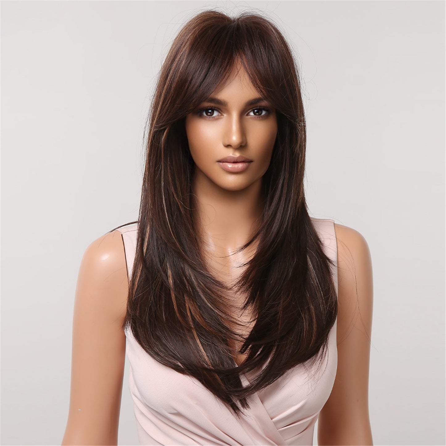 【Nolwenn】Loxology |  24 Inch-long deep brown straight wigs with bangs wigs for women