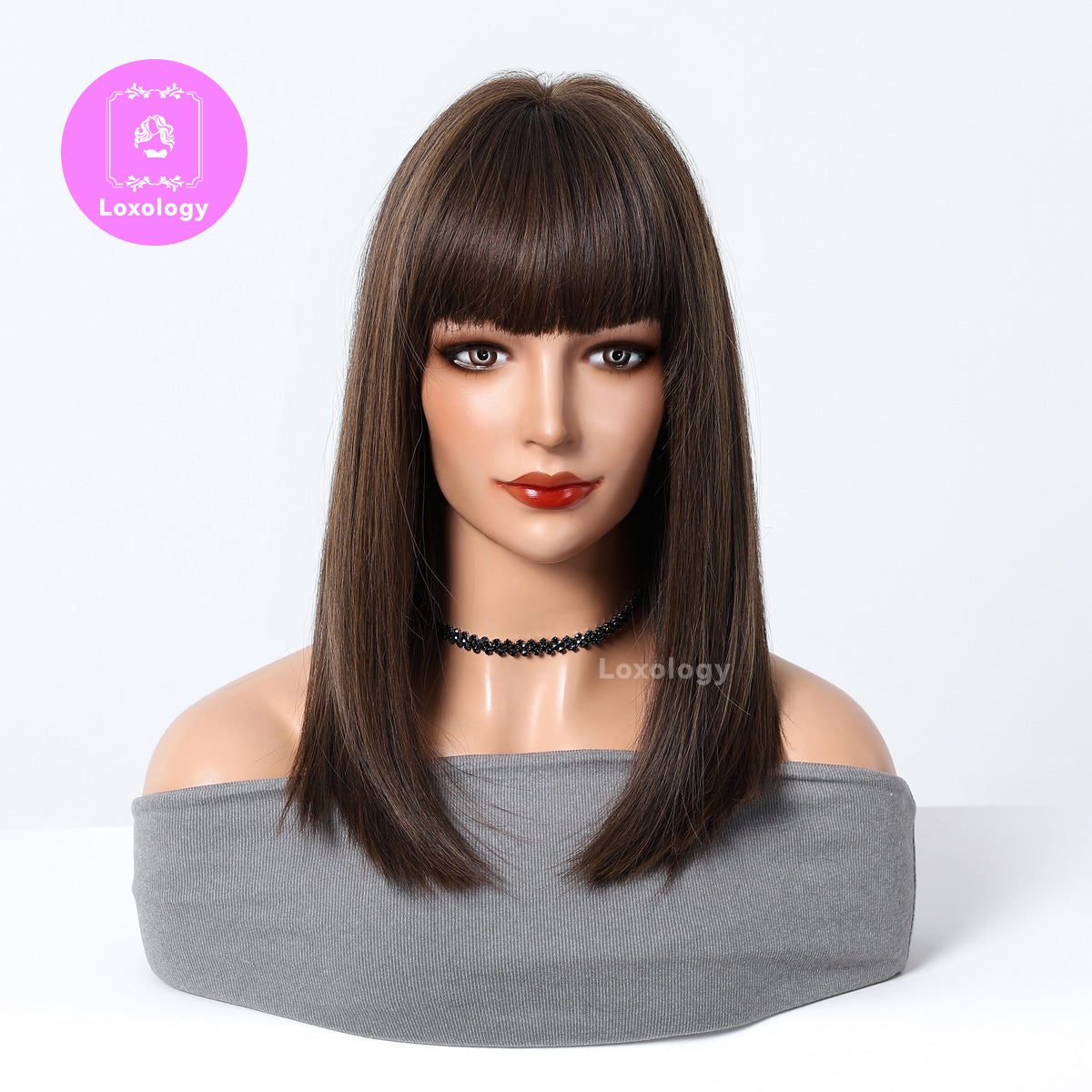 【Nia】Loxology | 16 Inches Long Straight Brown Black Wigs with Bangs Synthetic Wigs