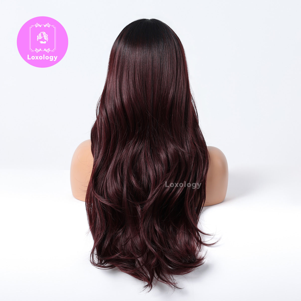 【Indira】Loxology | 26 Inches Long Curly Wine Red Wigs with Bangs Synthetic Wigs Womenn