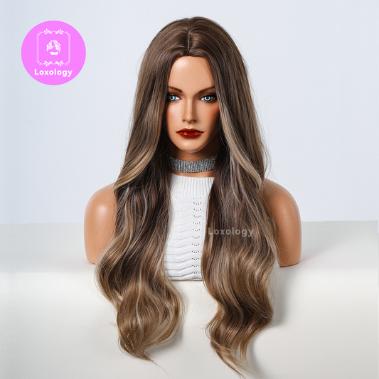 【TBella】Loxology | 24Long curly wigs brown ombre blonde with middle bangs wigs