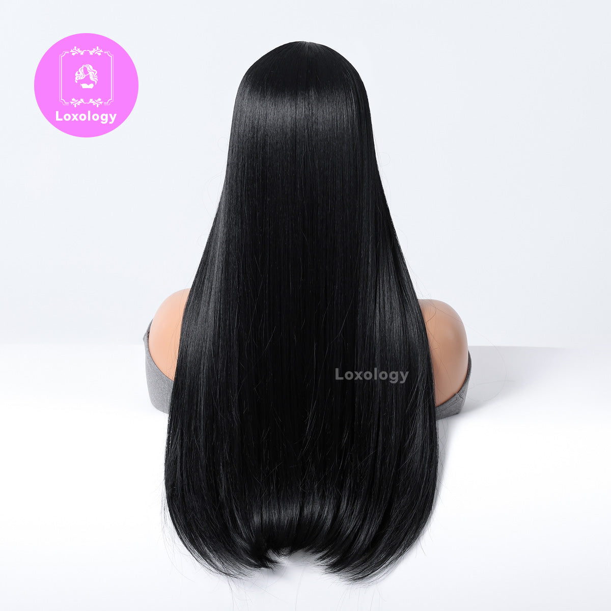 【Grace】Loxology | 26 inch long straight black wigs with bangs wigs