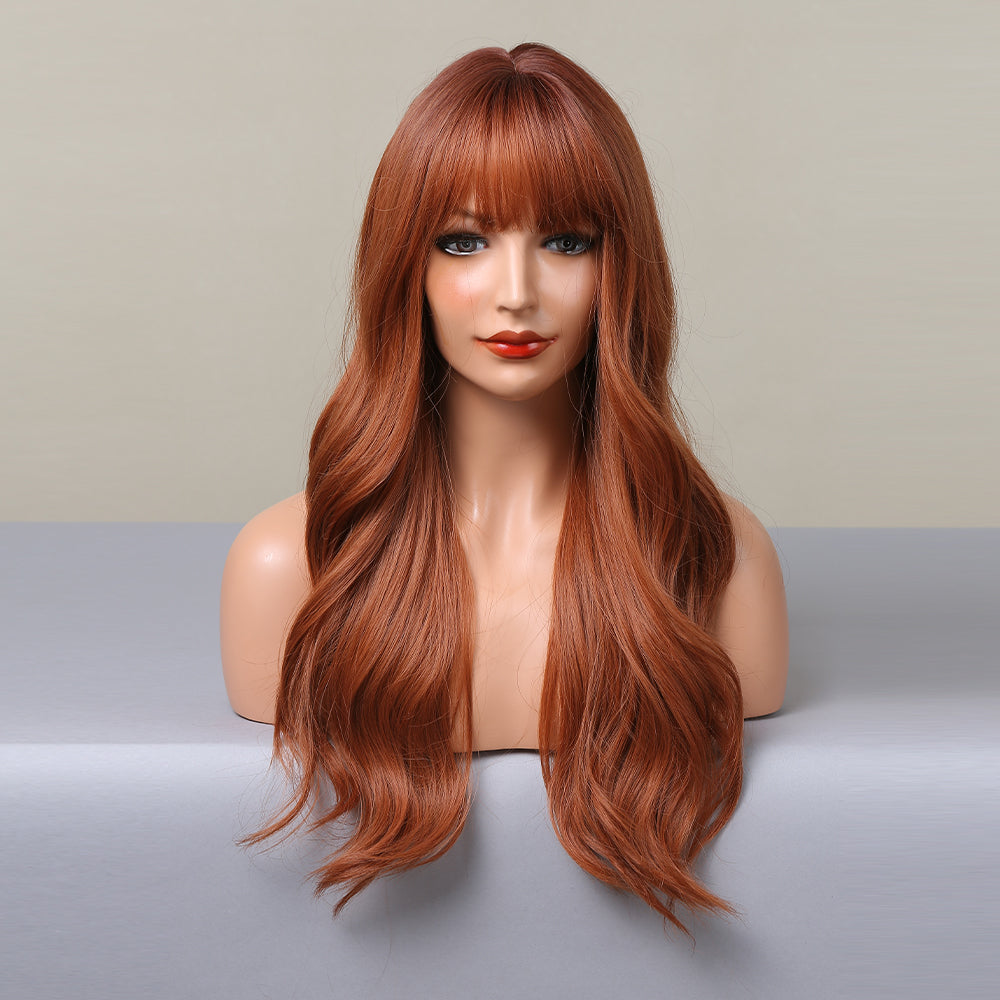 【Gwyneth】Loxology | 22 Inches Long Curly Brown Wigs with Bangs Synthetic Wigs Women's Wigs for Daily Use