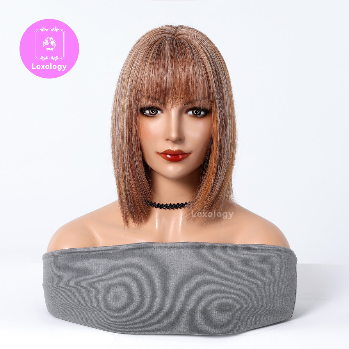 【Ember】Loxology | 14 Inch Straight Brown and Blonde mixed with Bangs Synthetic Wigs