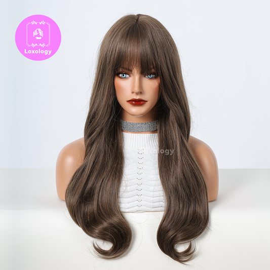 【Victoria】Loxology | 30 Inch deep brown long curly wigs with bangs wigs for women