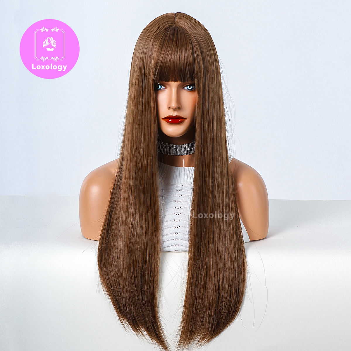 【TAria】Loxology | 26 Inch long straight wigs light brown with bangs wigs