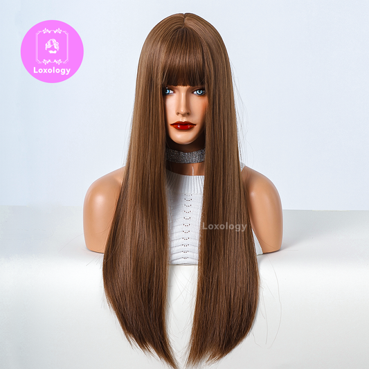【TAria】Loxology | 26 Inch long straight wigs light brown with bangs wigs