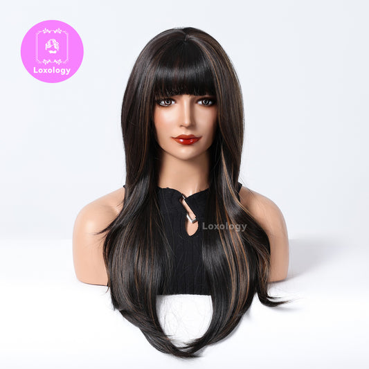 【Eleanor】Loxology | 26 Inches Long Straight Black Wigs with Bangs and Blonde Highlight Layered Wigs