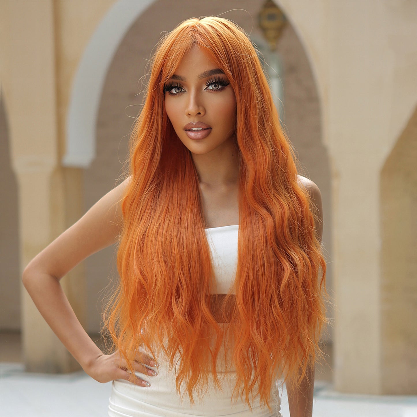 【Katya】Loxology | 26 Inch orange curly wigs with bangs wigs for Women for Daily Life