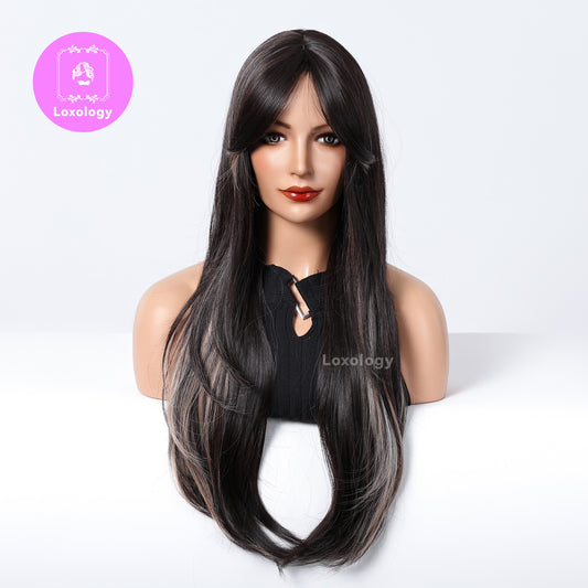 【Genevieve】Loxology | 28-inch Long Straight Black highlight blonde Wigs with bangs wig