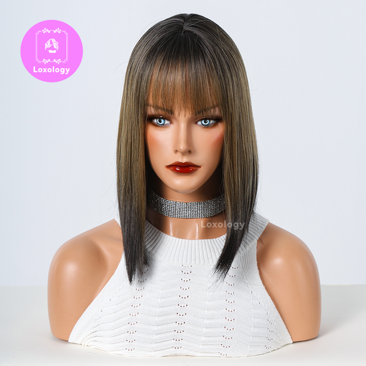 【Oona】Loxology | 14 Inches Long Straight Blonde Ombre Black Wigs Bangs Synthetic Wigs Women's Wigs for Daily