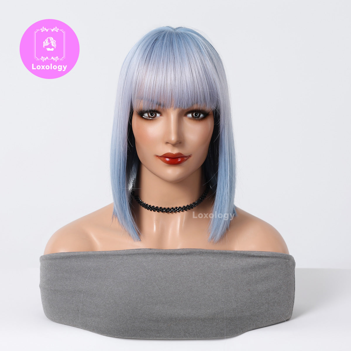 【Calista】Loxology | 14 Inch Long White Wigs with Light Blue Roots and Tail Synthetic Wigs