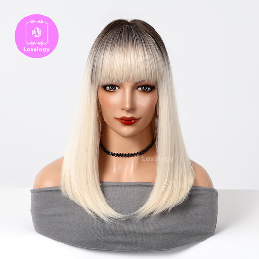 【Zephyr】Loxology | 16 Inch Long Straight Black Ombre WHITE Blonde Wigs with Bangs Synthetic Wigs Women's Wigs for Women Daily Use