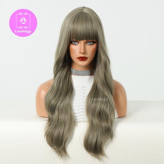 【Penelope】Loxology | Long Curly Green Wigs with Bangs Synthetic Wigs