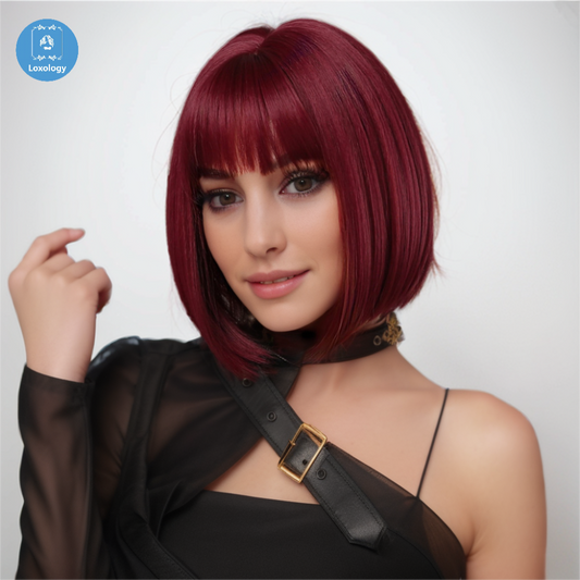 【Livia】Loxology | 12 Inches Short Straight Wine Red Bobo Wigs Synthetic Fiber Wigs Daily