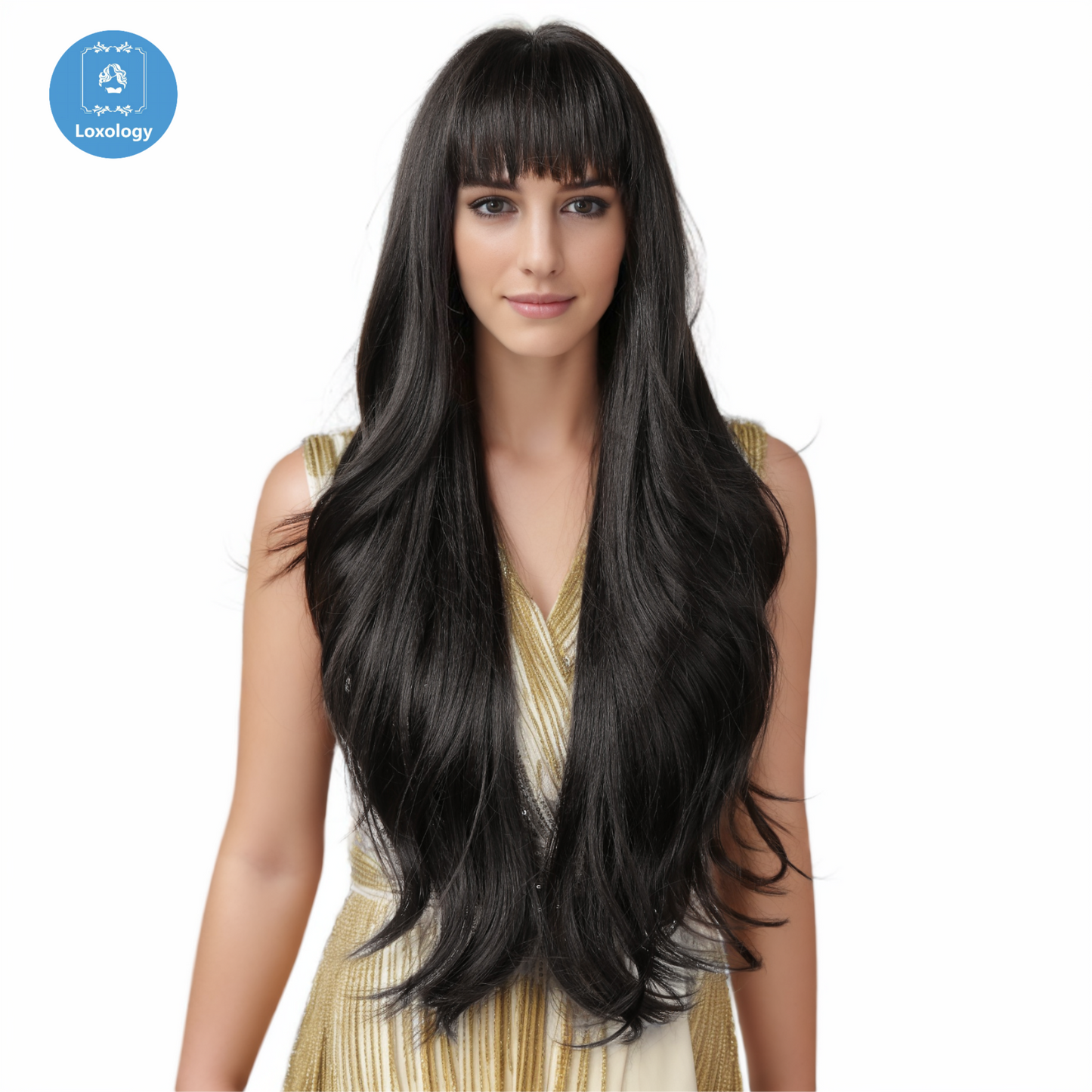 【Venne】Loxology | 28 Inches Long Curly Black Synthetic Wigs with Bangs Women wigs