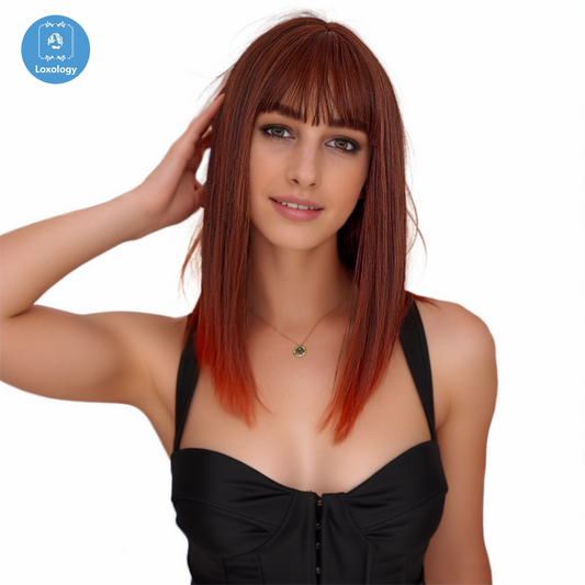 【Rebella】Loxology | 14 Inch Long Straight Red Wigs with Bangs Synthetic Wigs Women