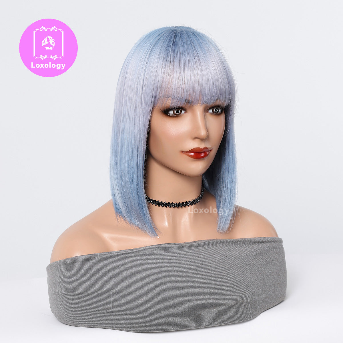 【Calista】Loxology | 14 Inch Long White Wigs with Light Blue Roots and Tail Synthetic Wigs