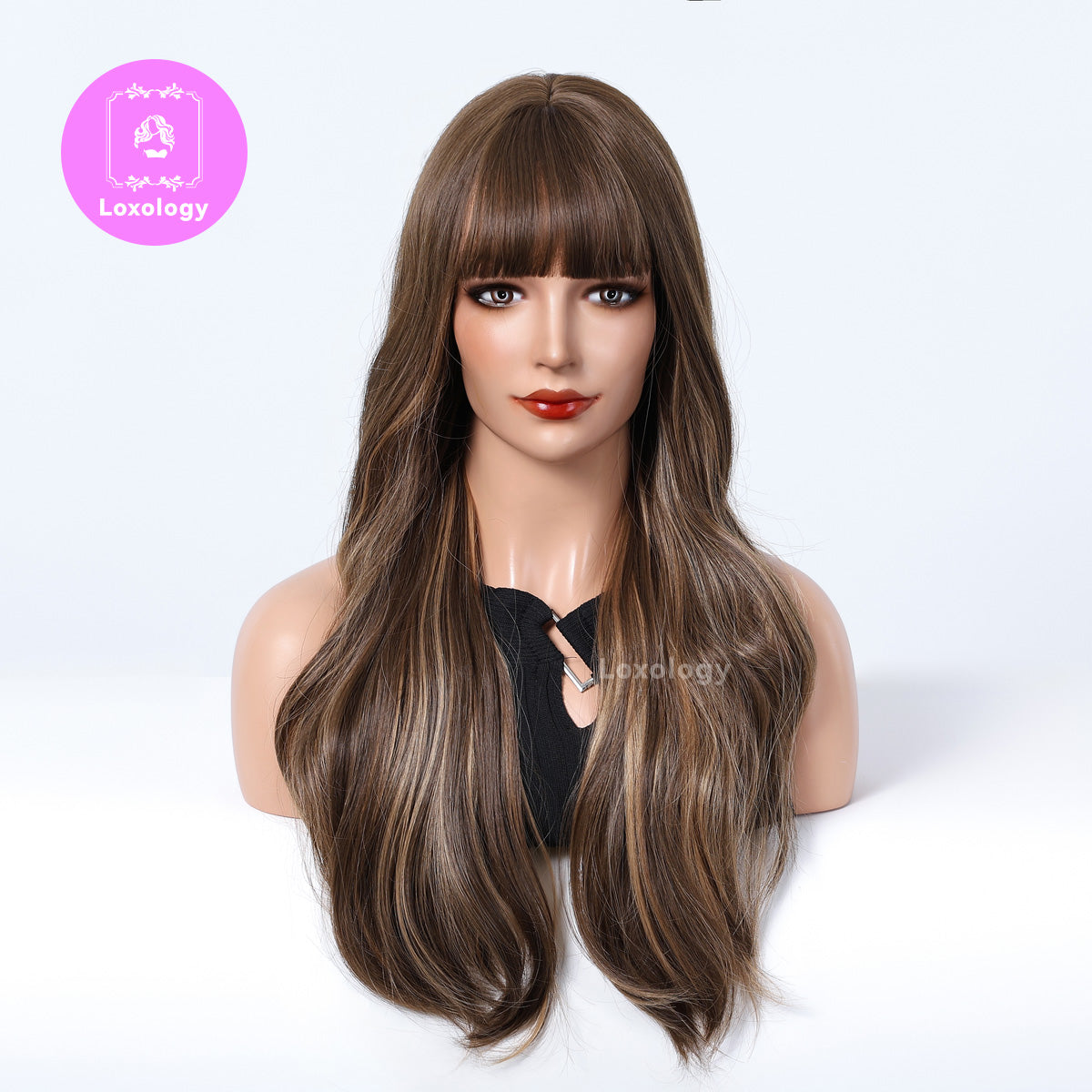 【Faye】Loxology | 24 Inch Curly Brown Wigs with Bangs and Blonde Highlight Synthetic Wig