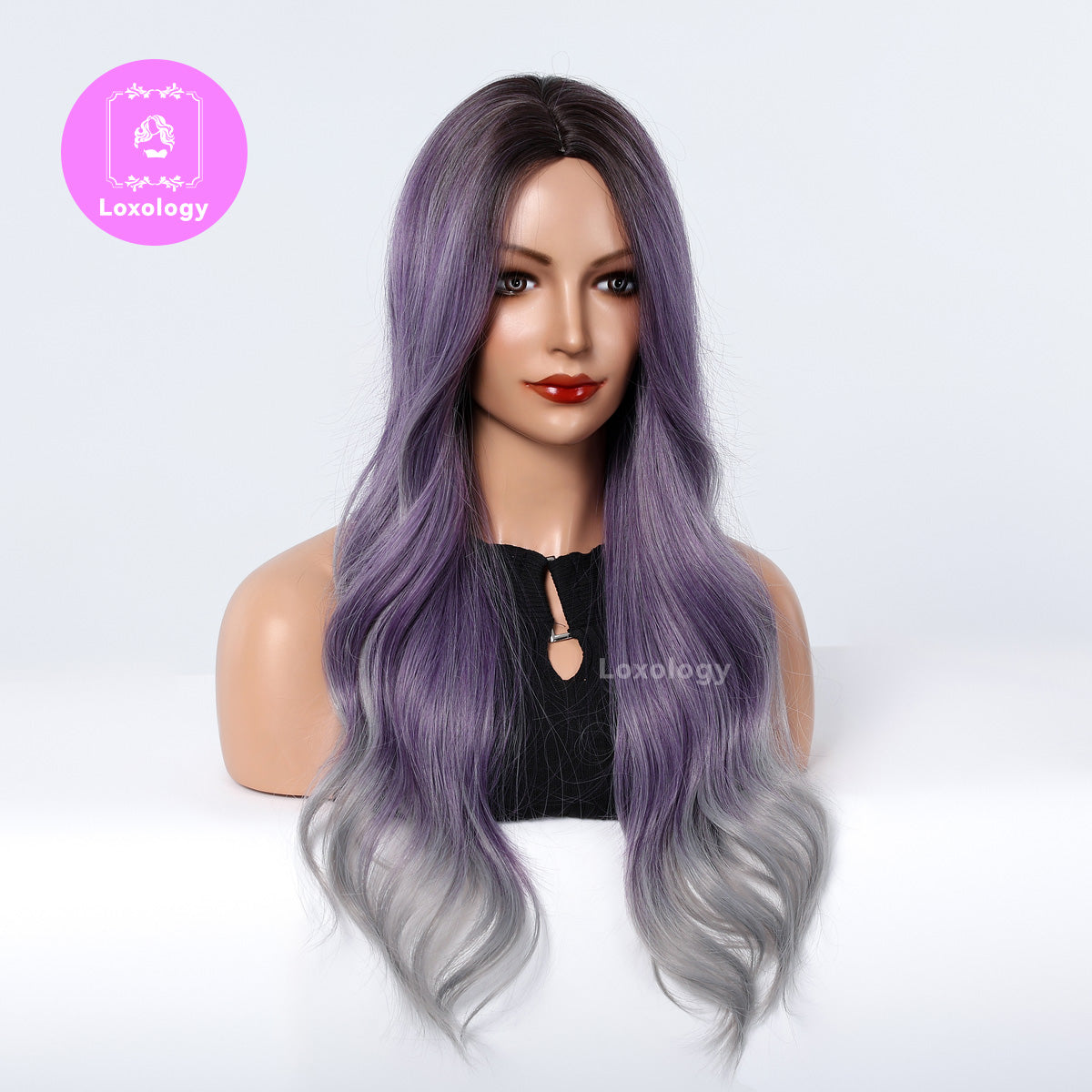 【Junia】Loxology | Long curly wigs purple ombre grey with middle bangs wigs for women